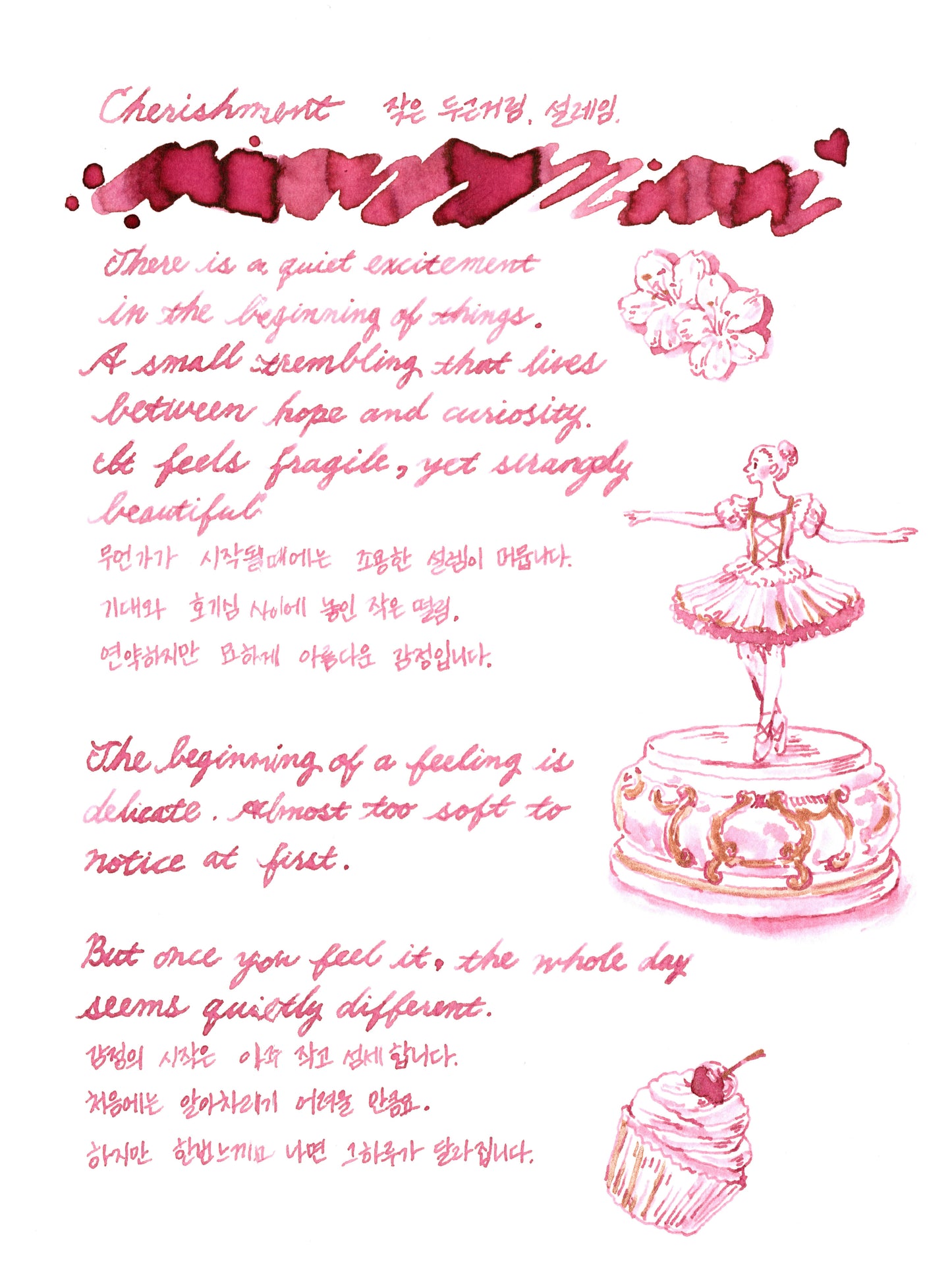 Pink handwritten text with illustrations of a ballerina, teacup, and cake on a white background