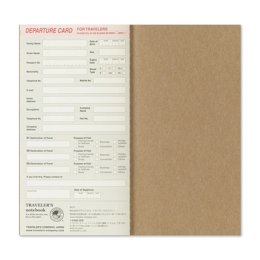 2026 Traveler's Notebook Diary Refill Weekly Vertical - Regular Size