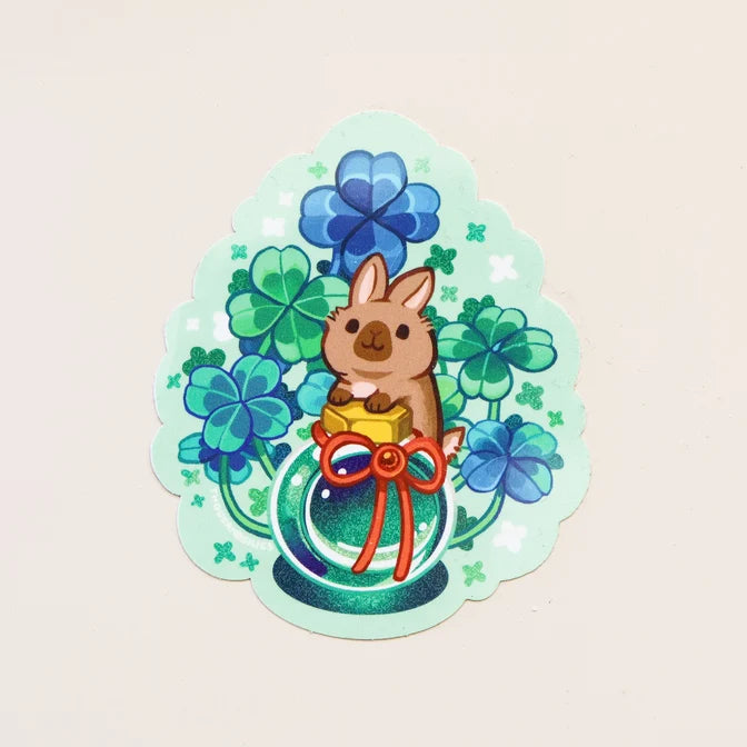 Ink Potion - Four Leaf Clover and a Brown Rabbit Vinyl Sticker (Holographic)