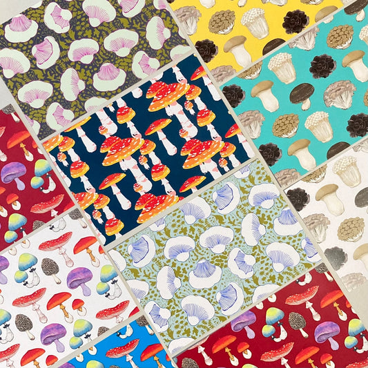 Various mushroom patterned postcards in different colours and designs.