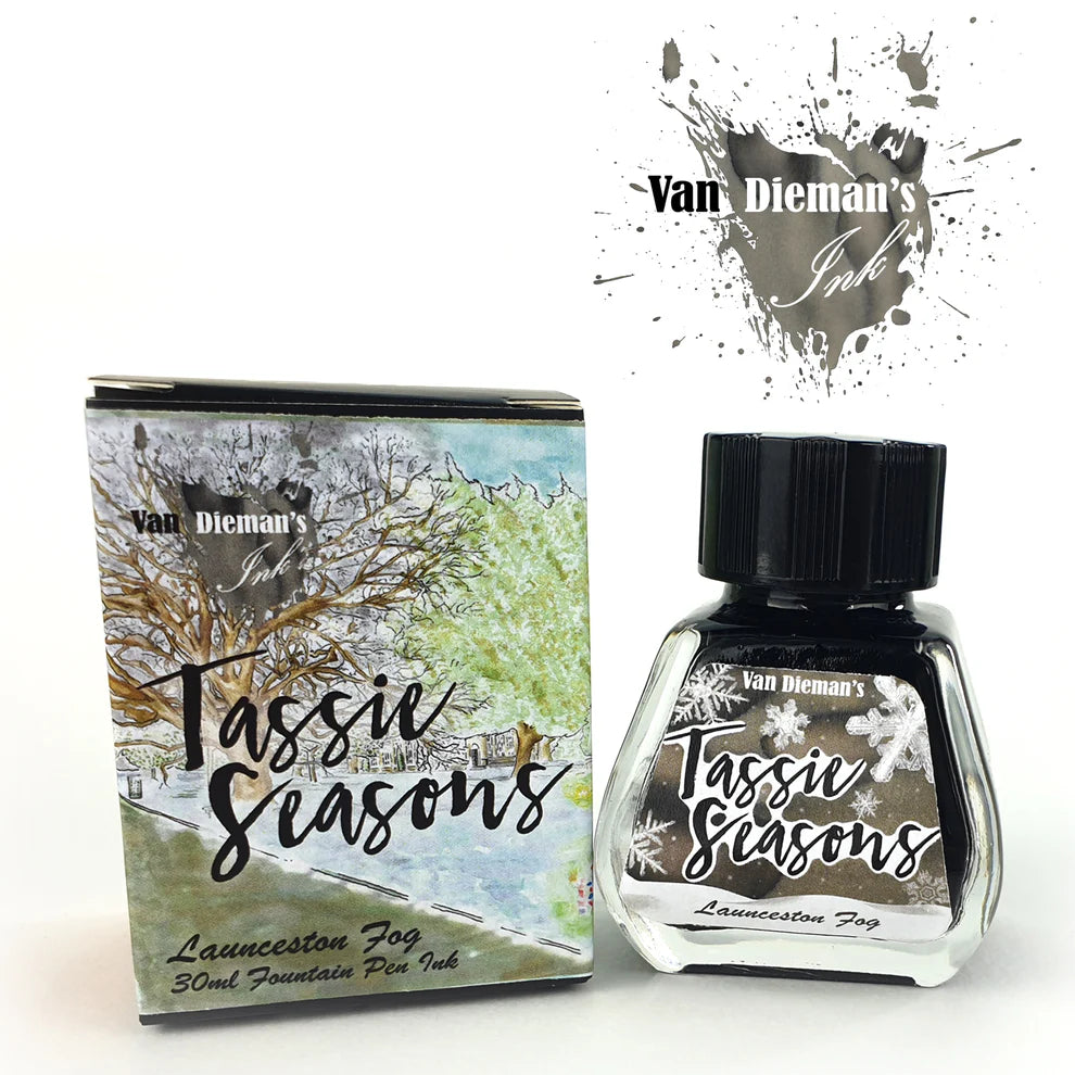 Van Dieman's Tassie Seasons Launceston Fog ink bottle and packaging with ink swatch on a white background