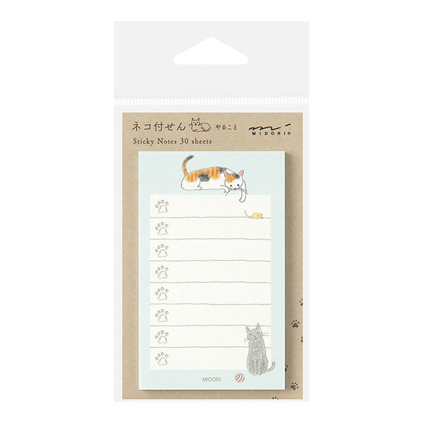 Sticky notes with cat illustrations and text on a white background