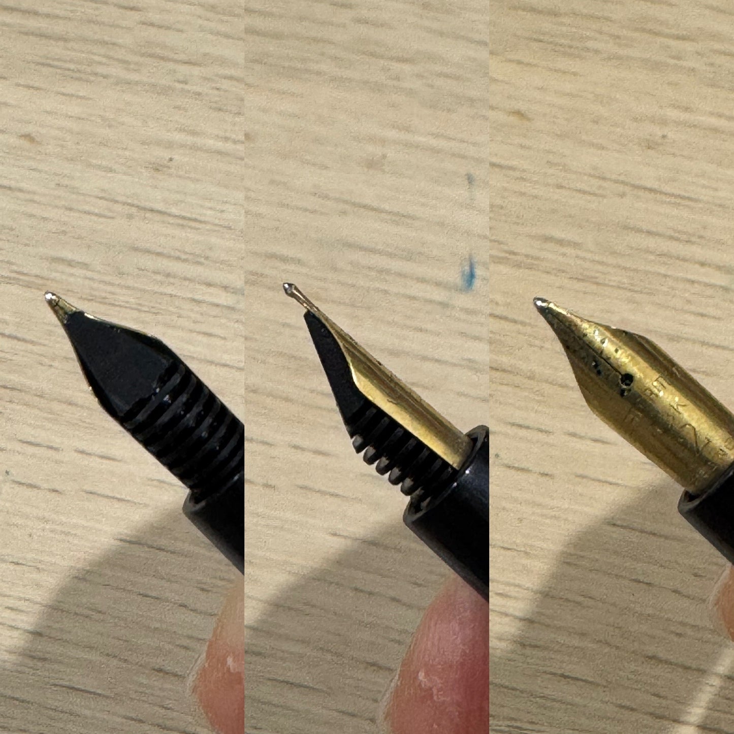 Closeup of custom nib grind shown at three different angles