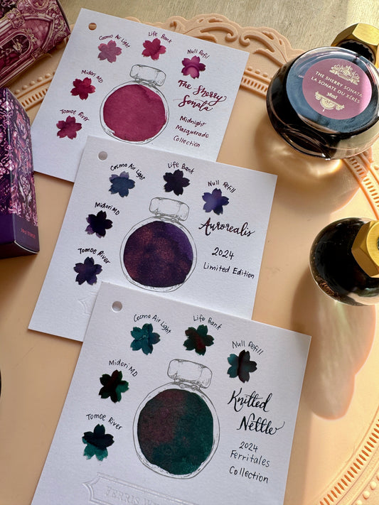 Ferris Wheel Press Ink Swatches: Aurorealis, Knitted Nettle & Sherry Sonata