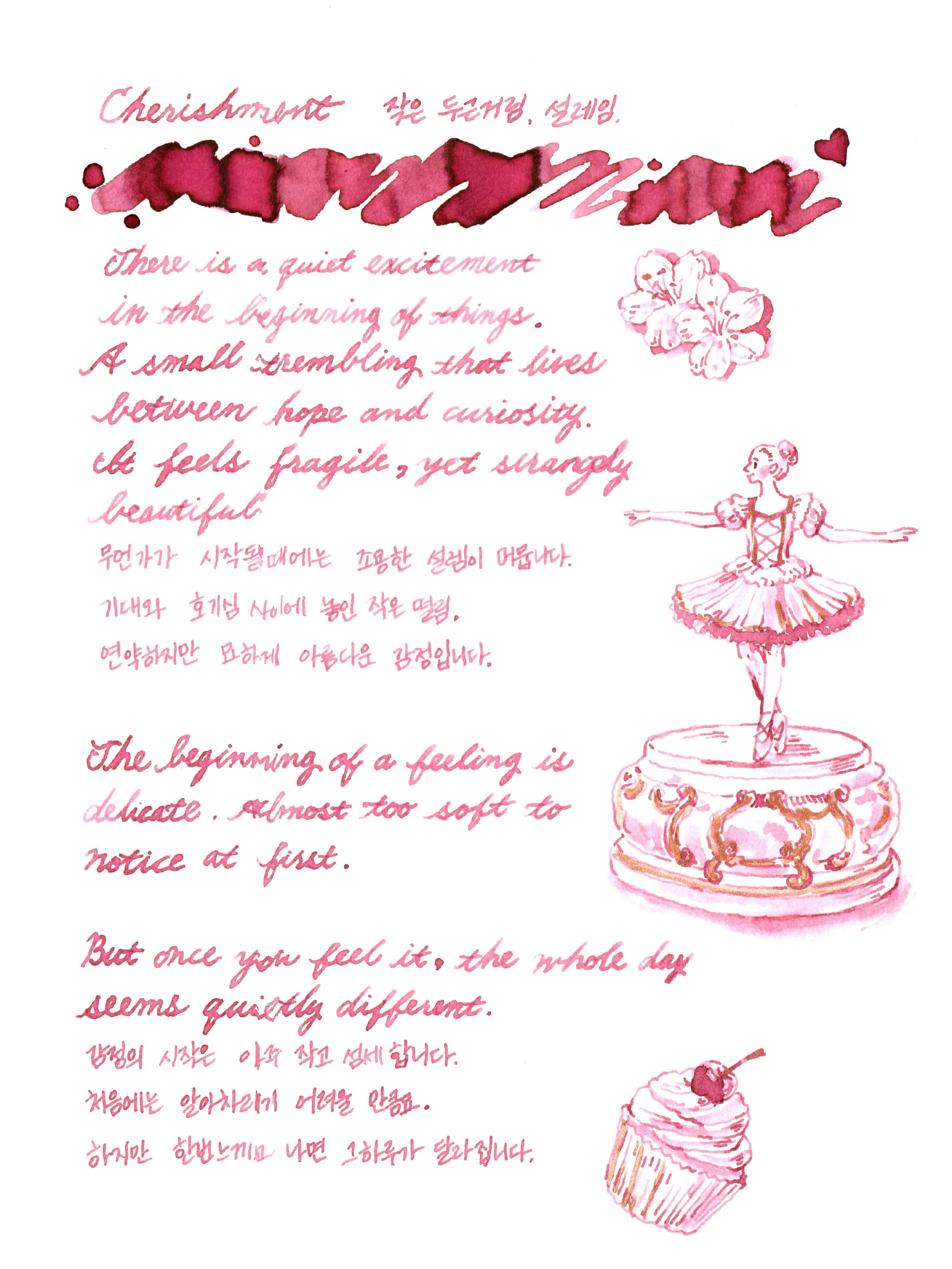 Pink handwritten text with illustrations of a ballerina, teacup, and cake on a white background