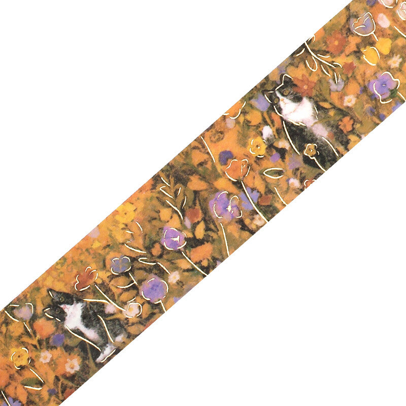 Flowers & Cats Foil-Stamped Washi Tape - Tuxedo Cat