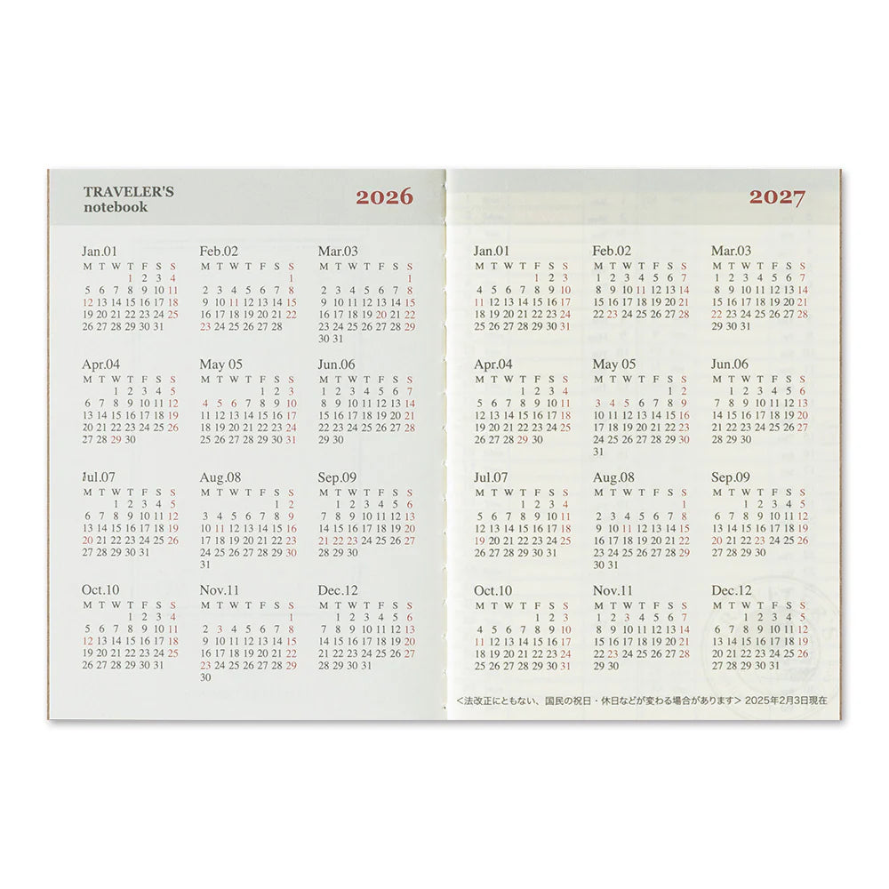 2026 Traveler's Notebook Diary Refill Weekly - Passport Size