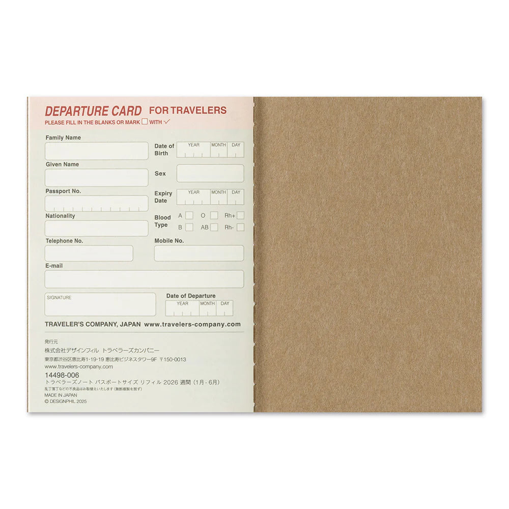 2026 Traveler's Notebook Diary Refill Weekly - Passport Size