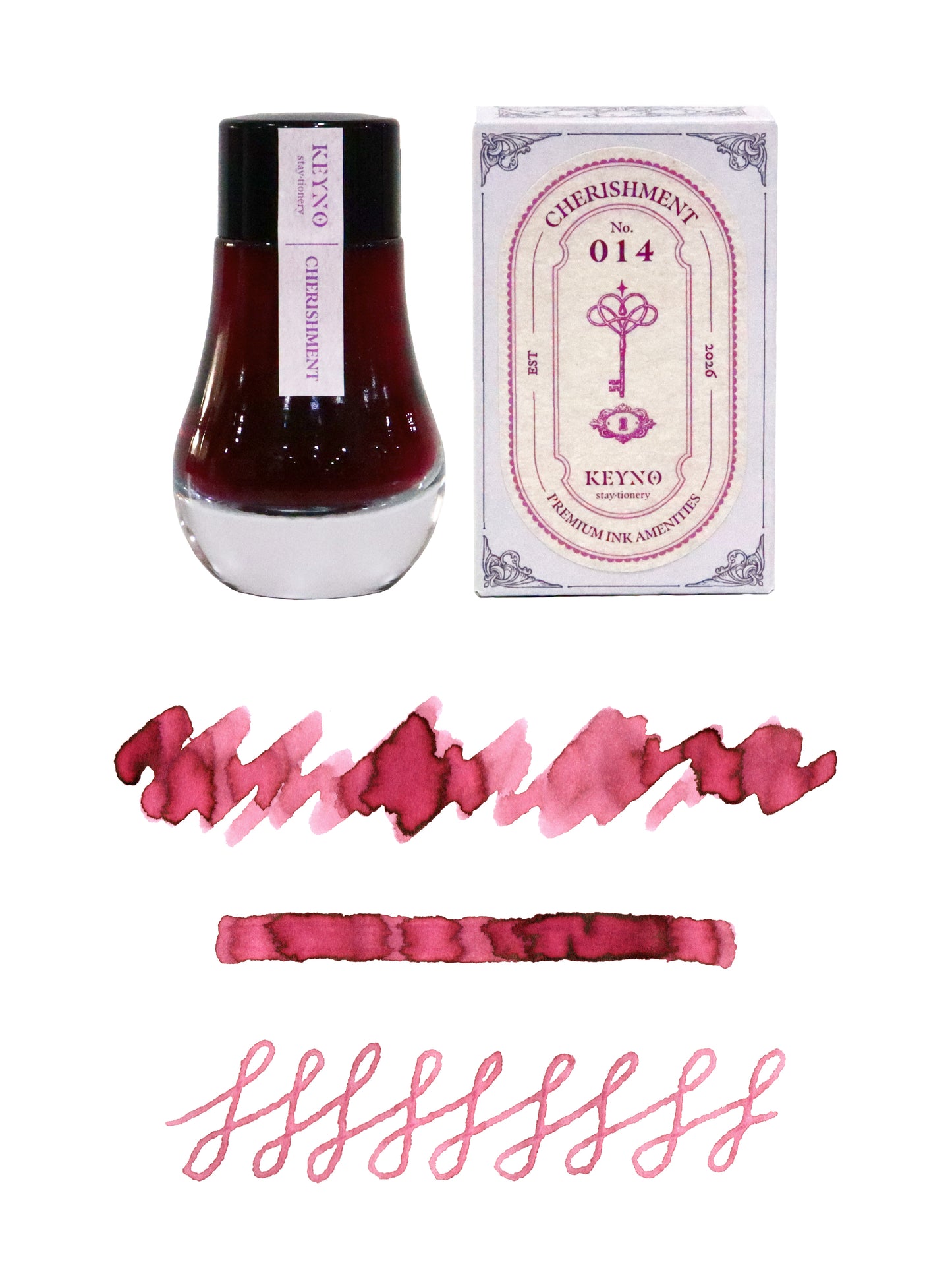Keyno fountain pen ink bottle and packaging with sample swatches on a white background