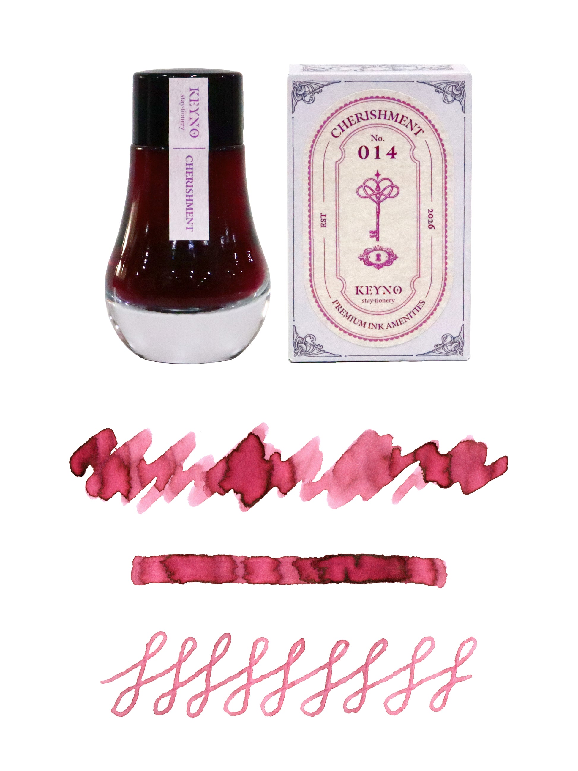 Keyno fountain pen ink bottle and packaging with sample swatches on a white background