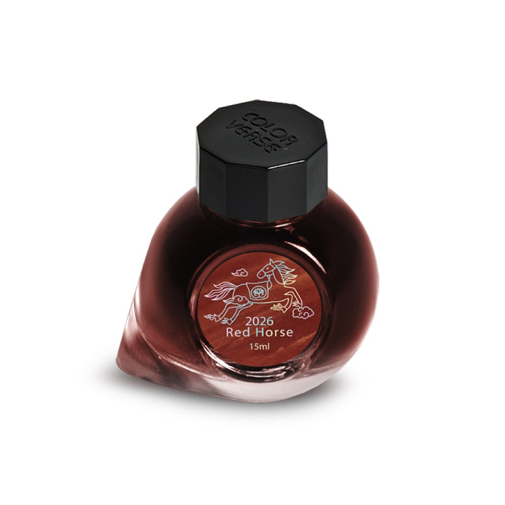Bottle of Colorverse ink with '2026 Red Horse' label on a white background