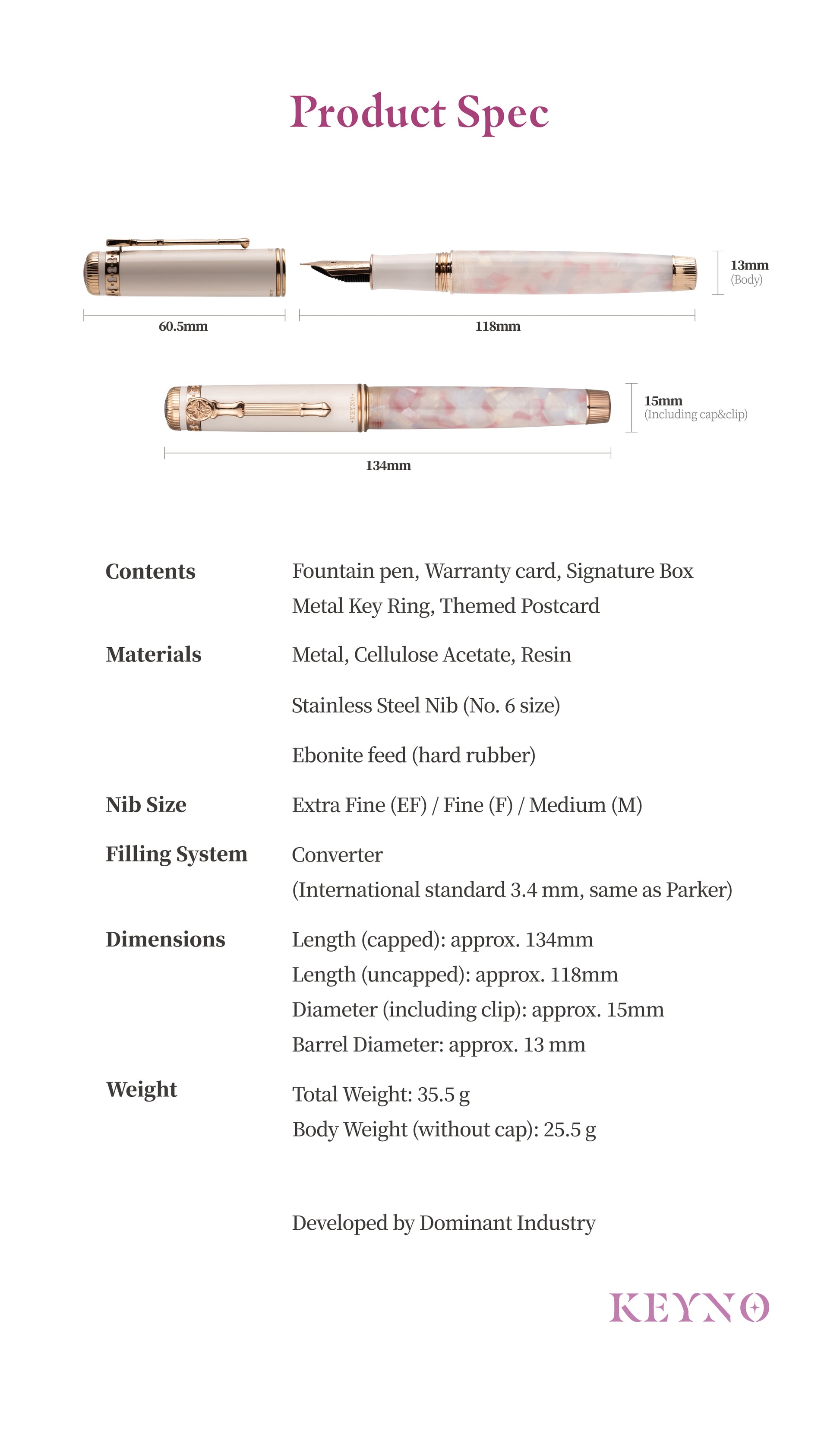 Product specification sheet for a fountain pen with key ring and other items, featuring KEYNO branding.