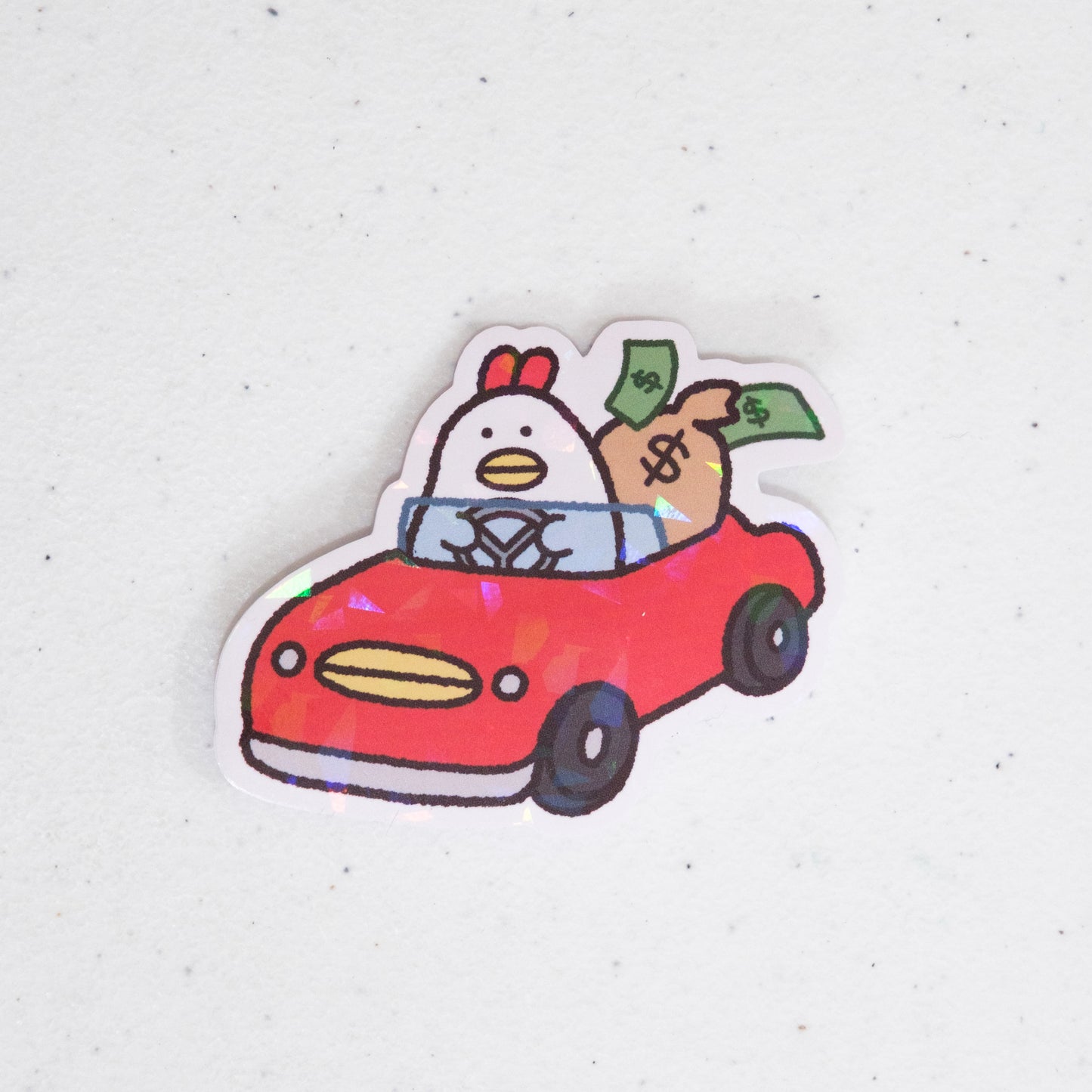 Chicken Driving Car with Money Large Vinyl Sticker