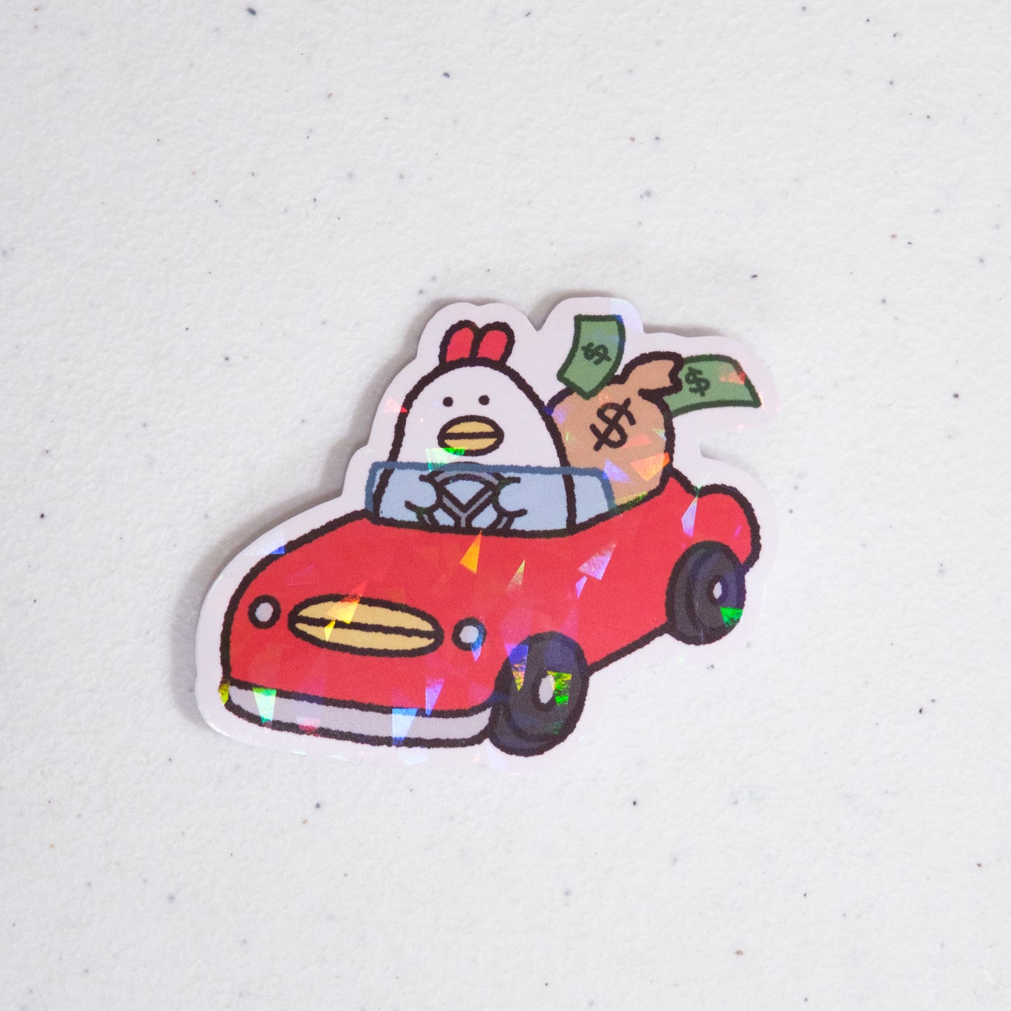 Chicken Driving Car with Money Large Vinyl Sticker