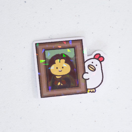 Sticker of a cartoon chicken character holding a framed bunny Mona Lisa picture on a white background