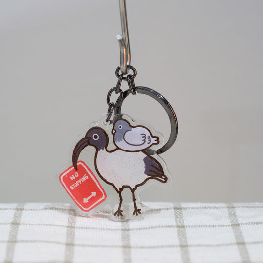 Bin Chicken and Pigeon with Stop Sign Keychain