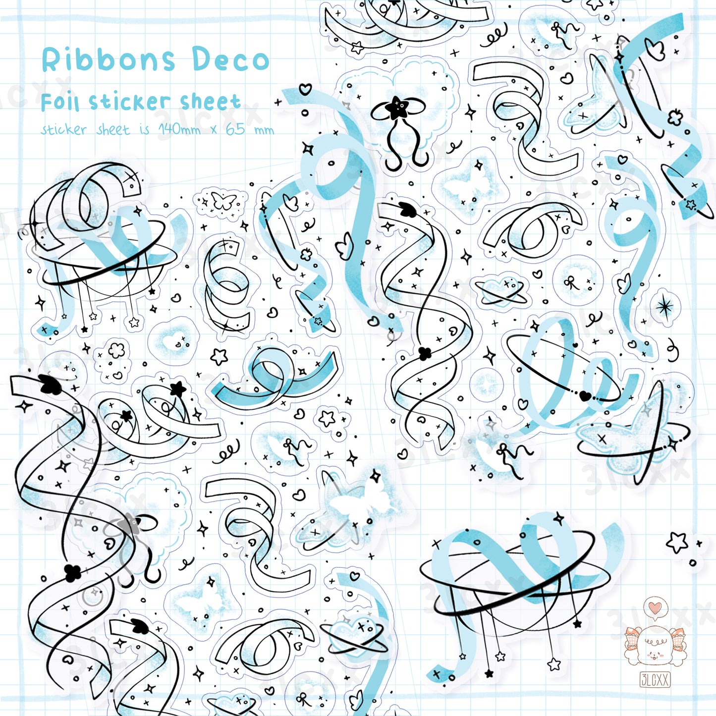 Ribbon Deco Sticker Sheet - Blue