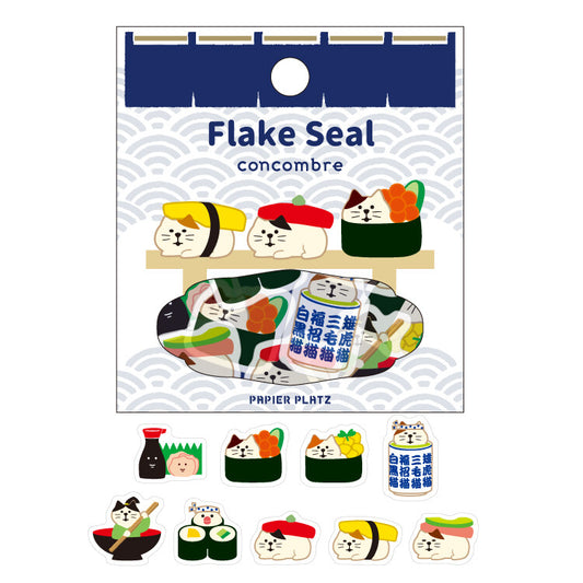 Flake Seal concombre packaging with cartoon sushi characters on a white background