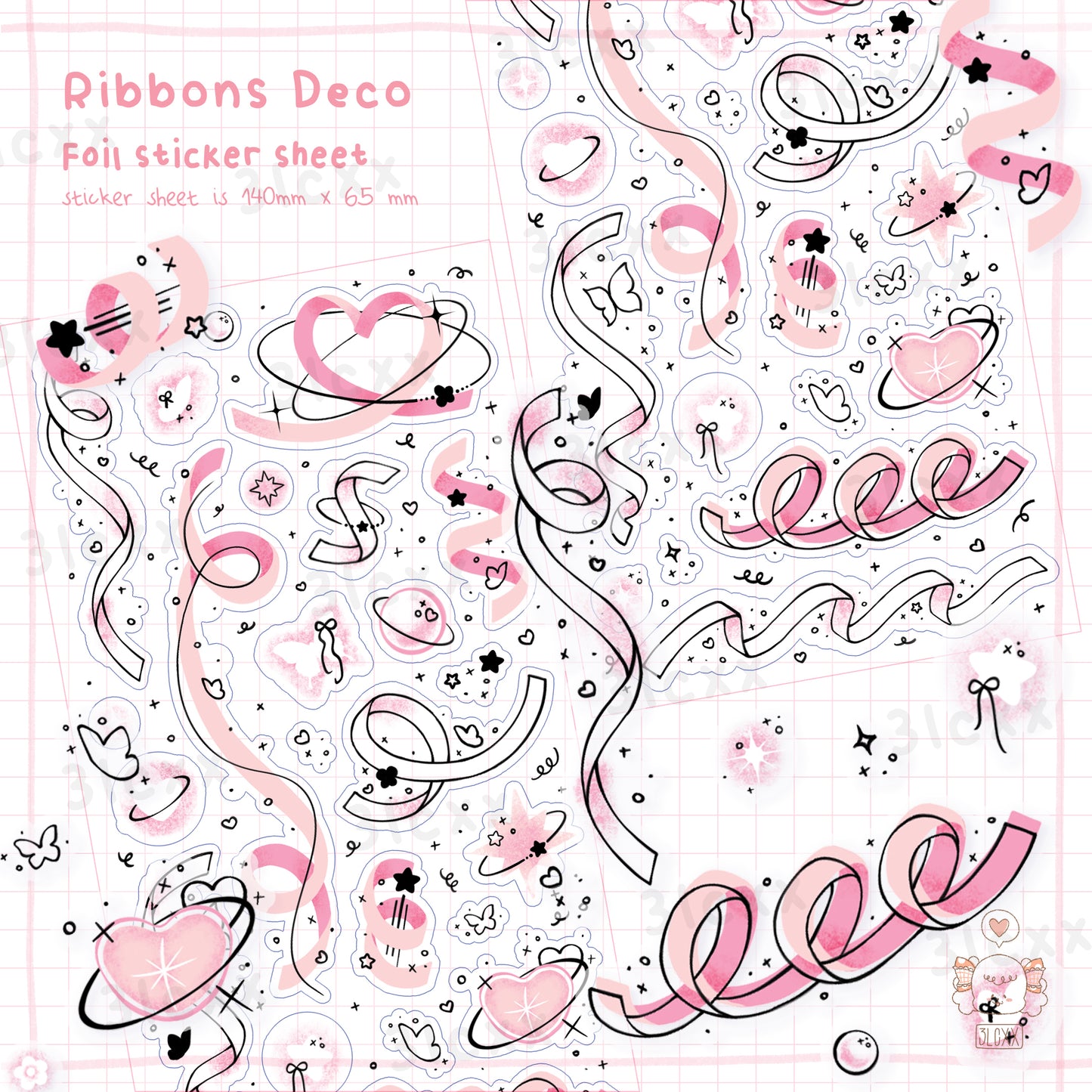 Ribbon Deco Sticker Sheet - Pink