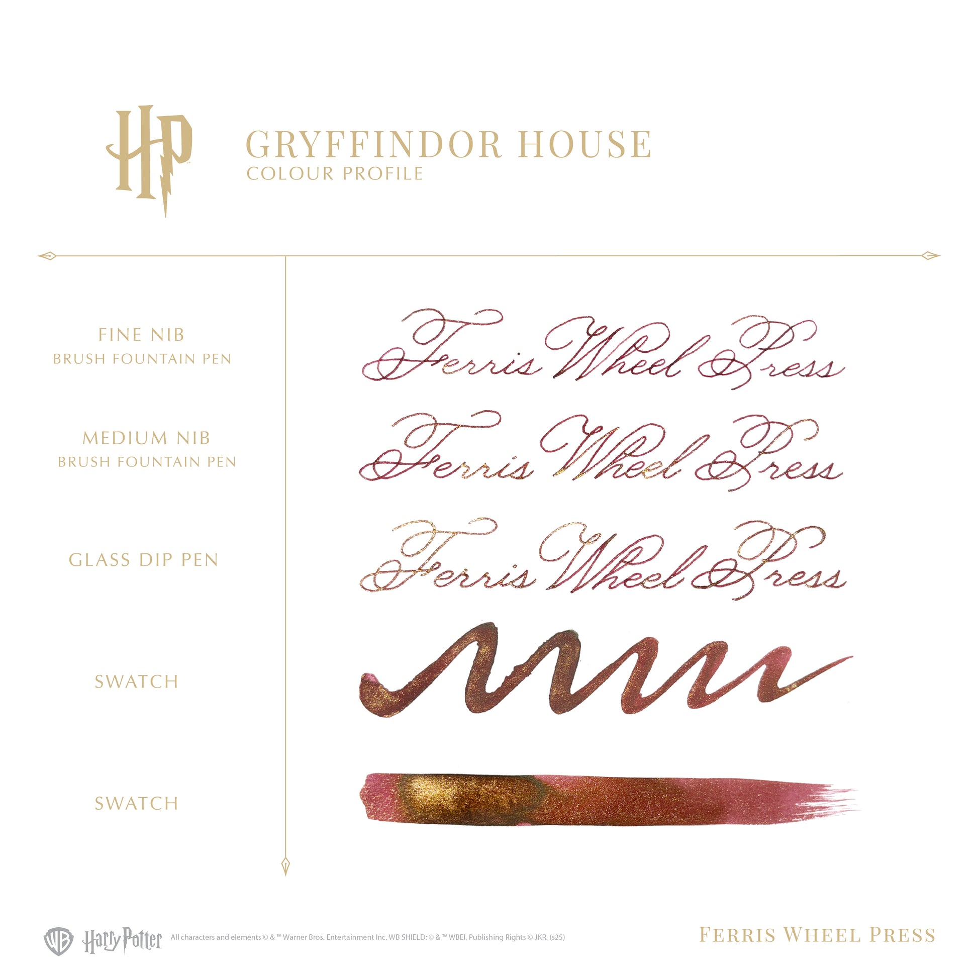 Gryffindor House color profile with writing samples and pen strokes on a white background