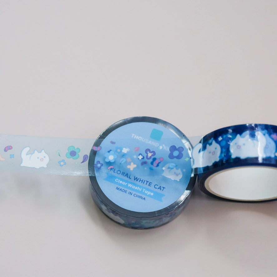 Floral White Cat (Transparent) PET Tape