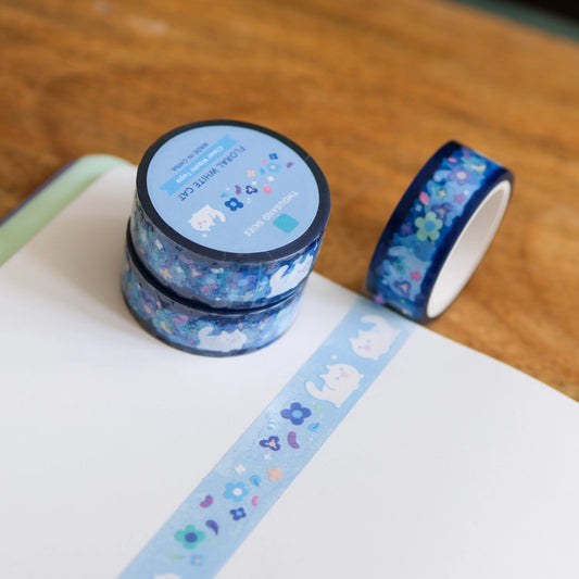 Floral White Cat (Transparent) PET Tape