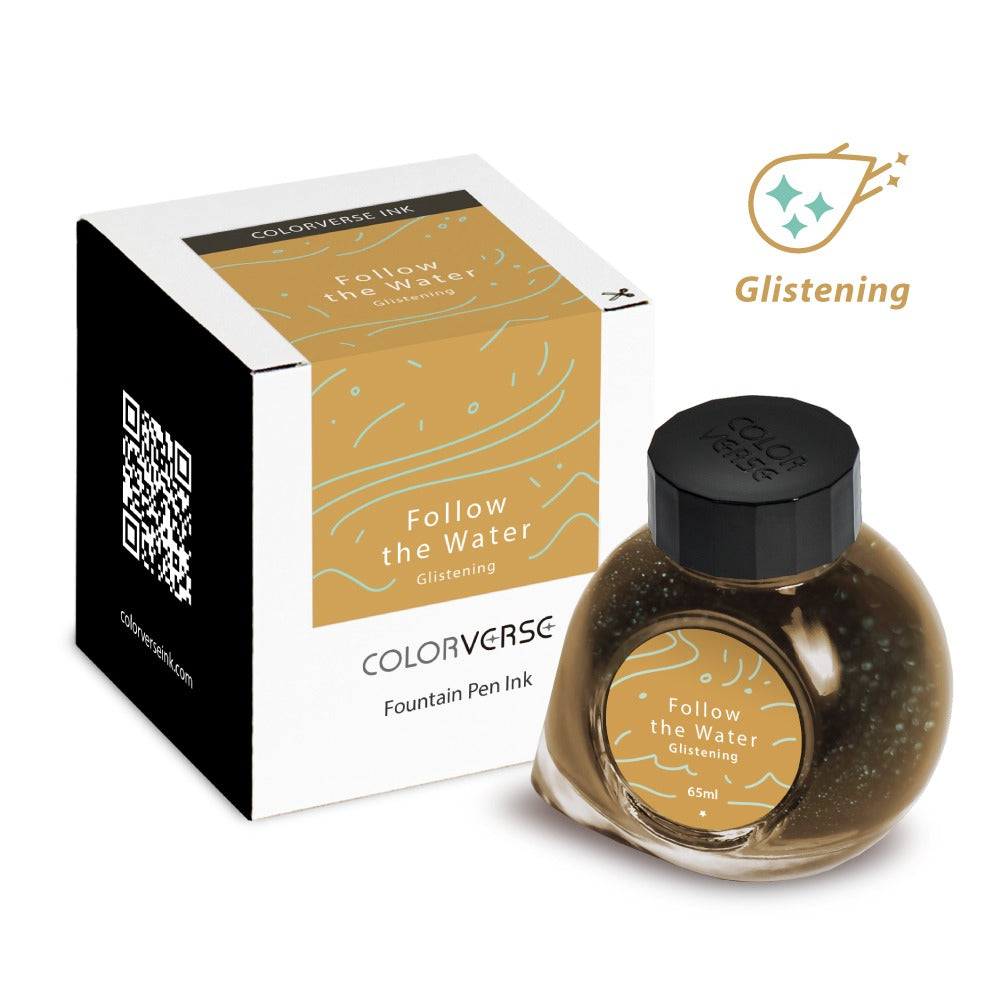 Colorverse fountain pen ink bottle and packaging with 'Glistening' label on a white background