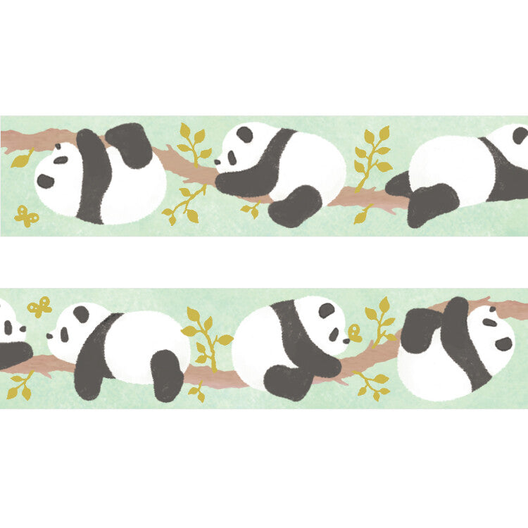 Washi tape with gold foil designed by Illustrator Milina depicting pandas playing on tree branch.