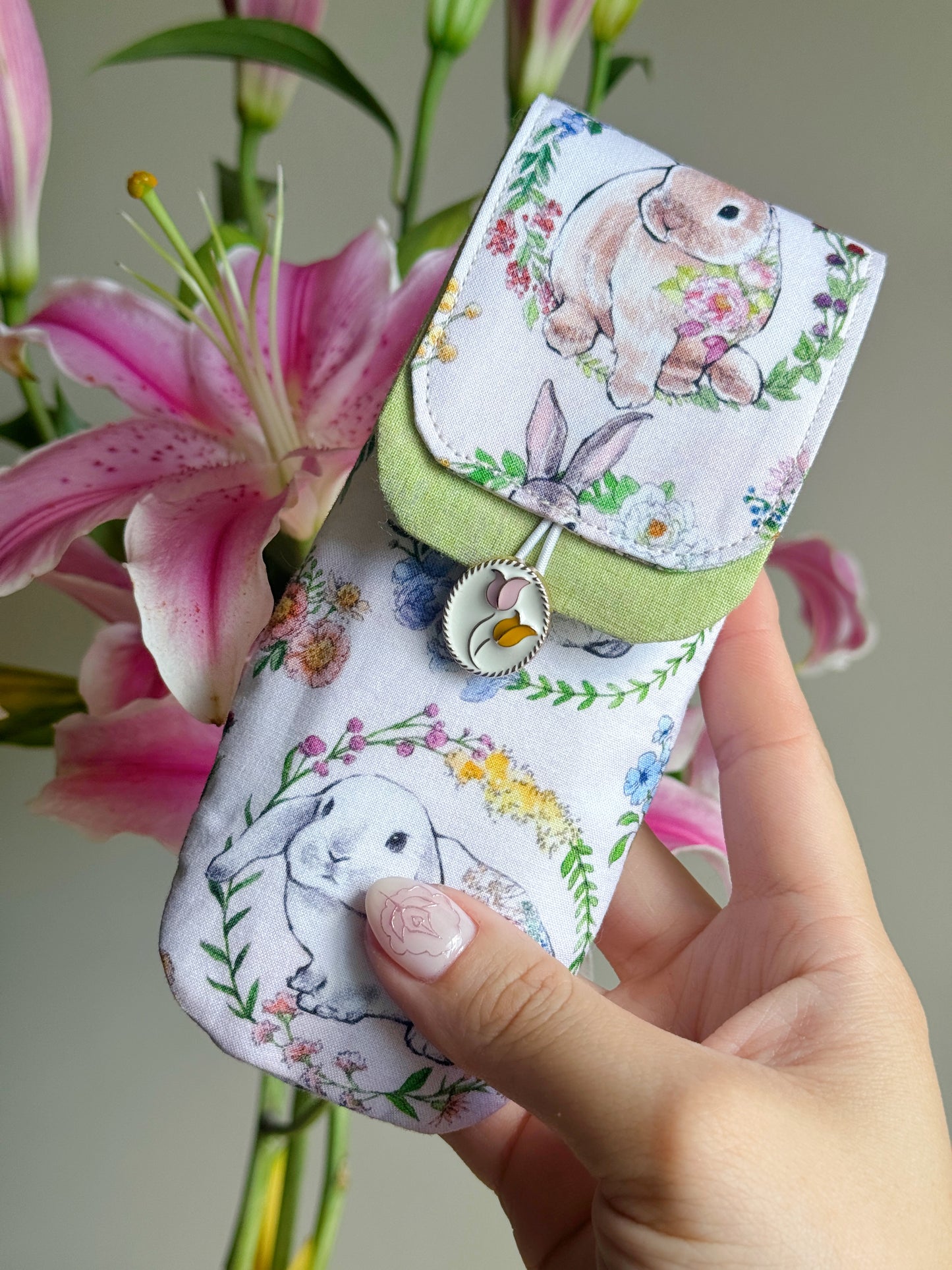 Handmade Spring Bunny x Matcha 3 Slot Large Pen Case