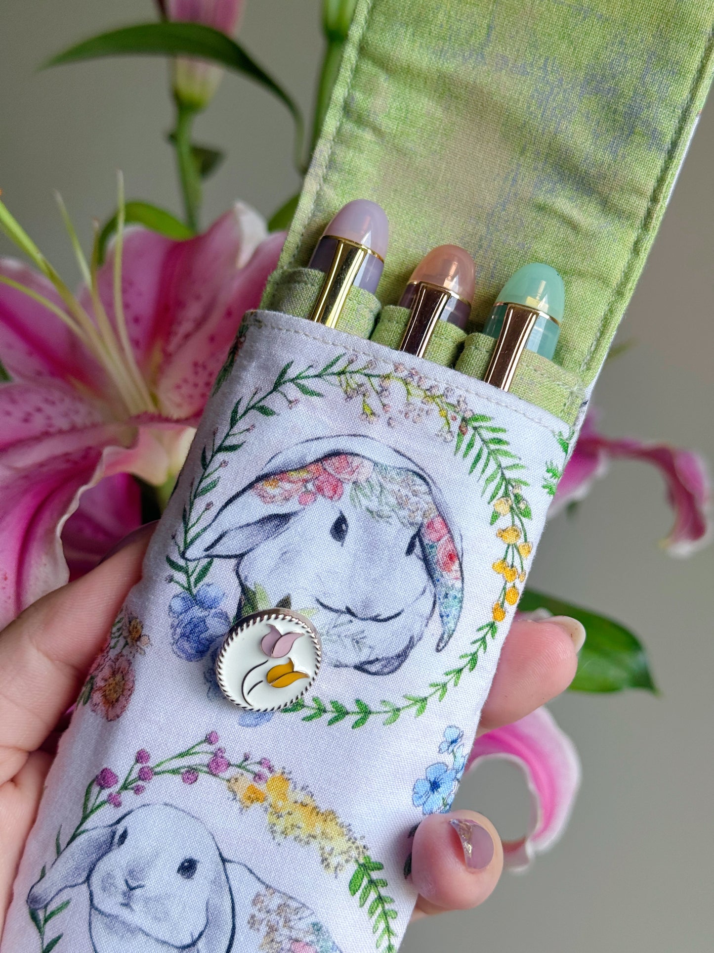 Handmade Spring Bunny x Matcha 3 Slot Large Pen Case