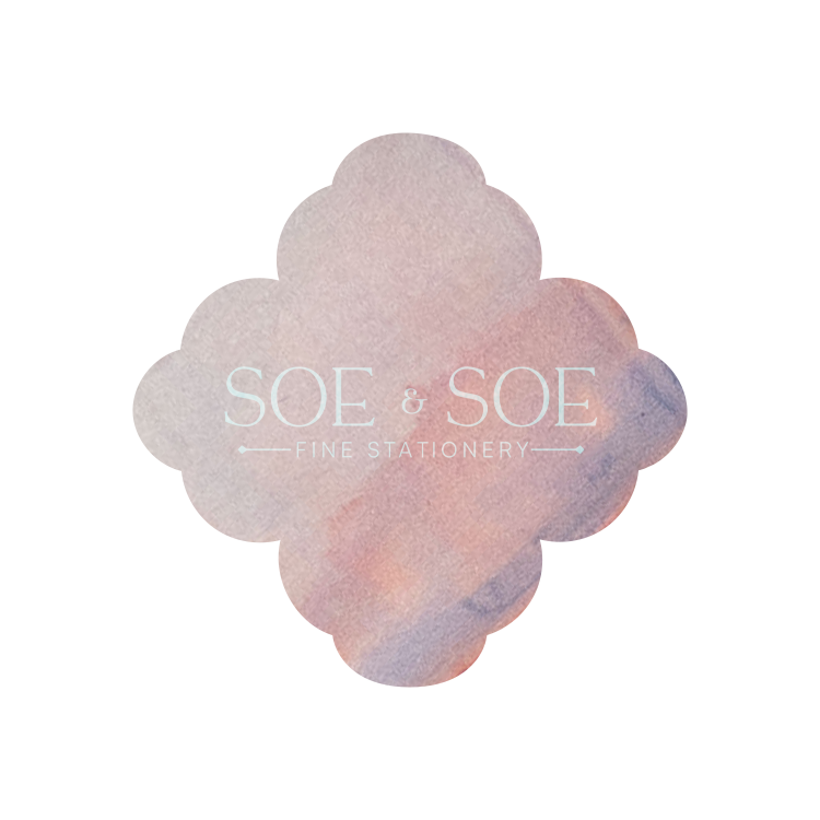 Floral-shaped ink swatch with 'SOE & SOE Fine Stationery' branding on a white background