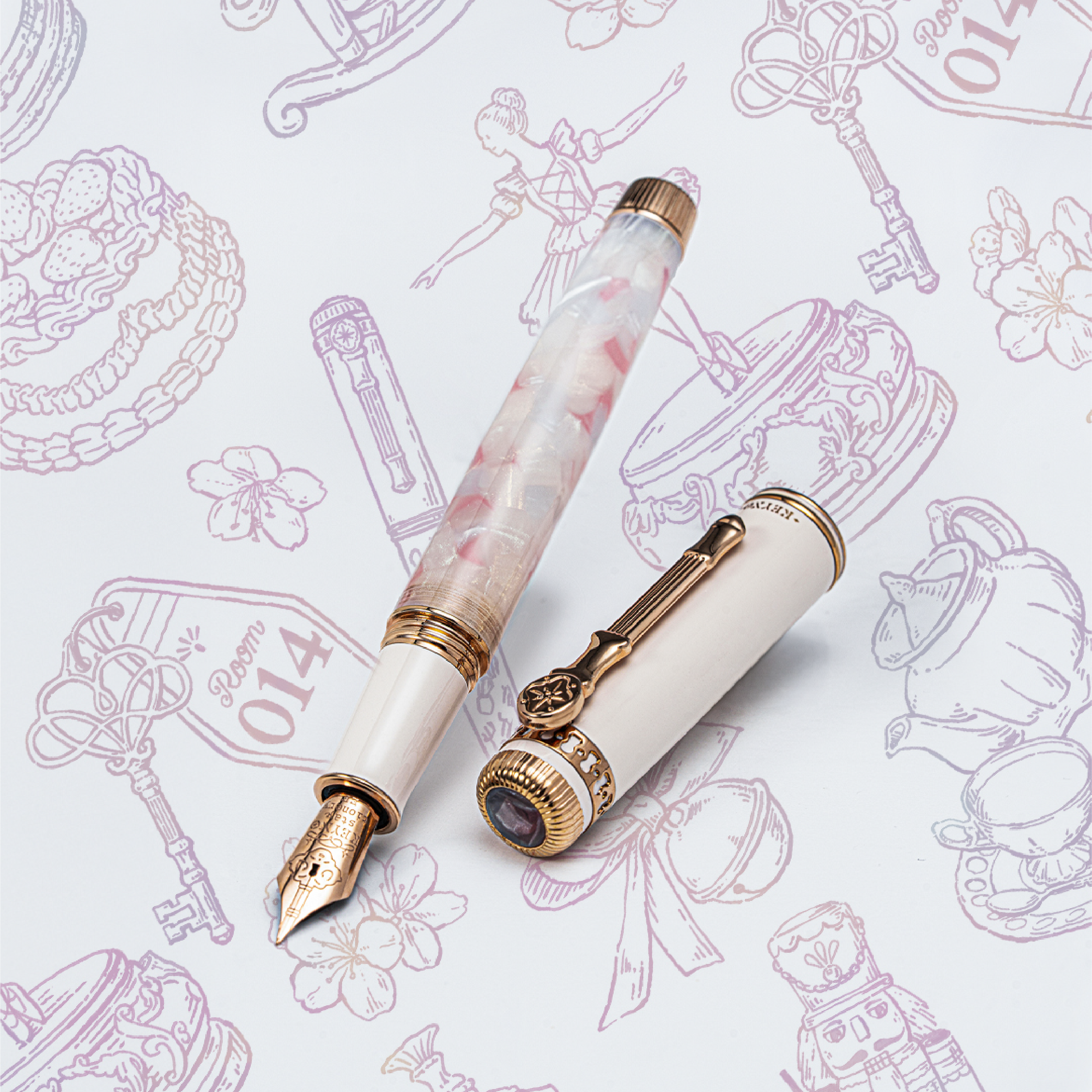 Fountain pen with marble design on a decorative background