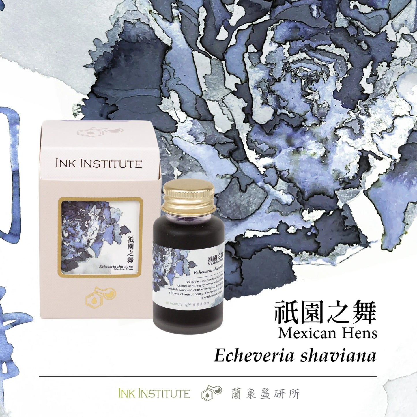 Ink bottle and packaging with 'INK INSTITUTE' branding on a watercolor background