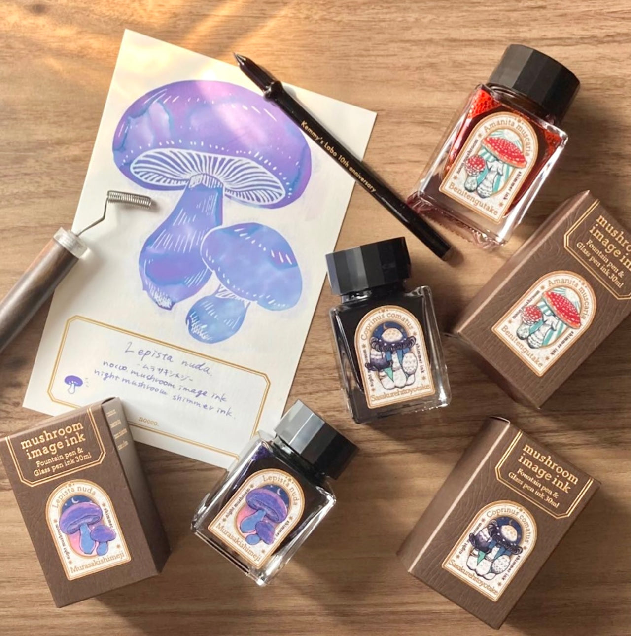 Mushroom-themed ink bottles and packaging on a wooden surface