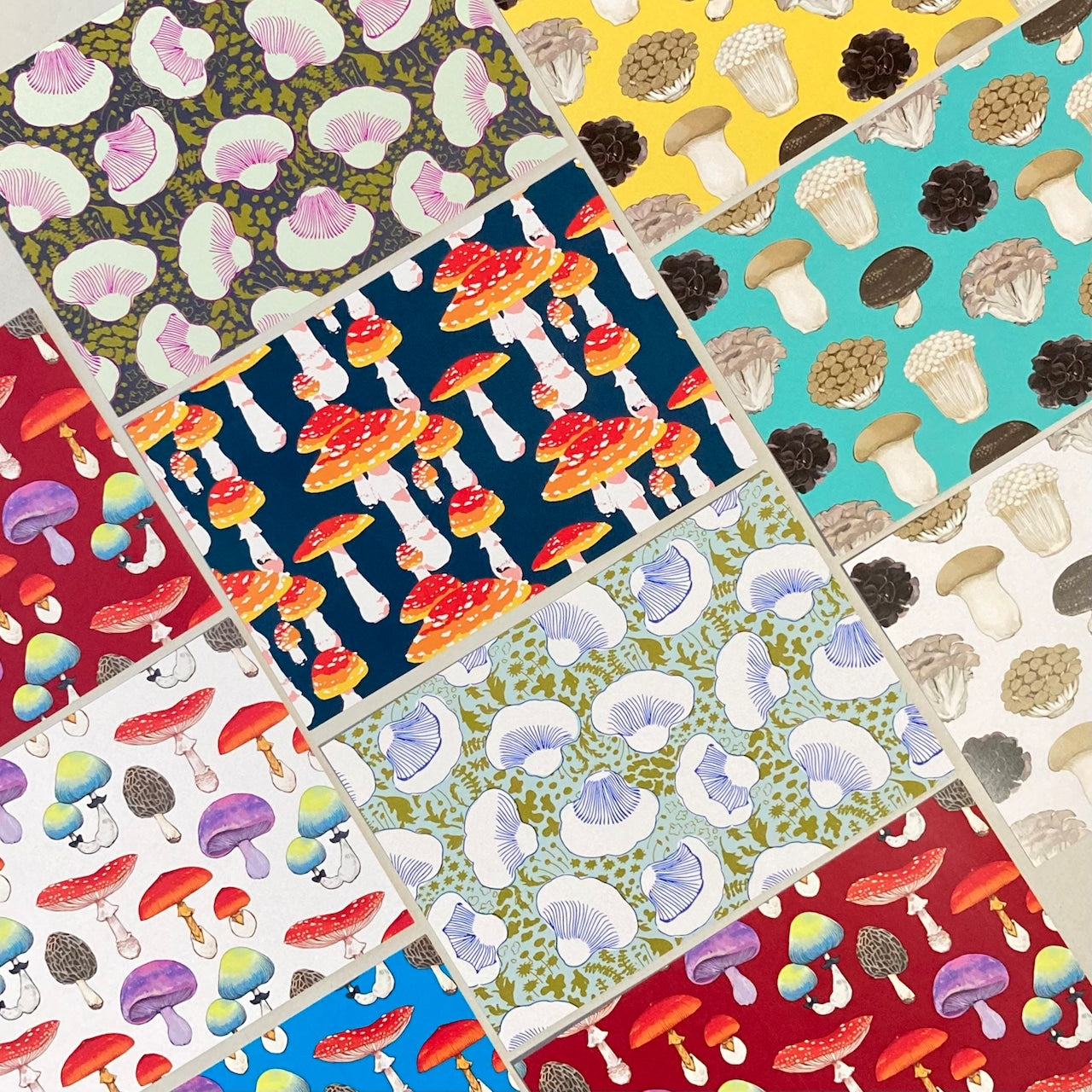 Various mushroom patterned postcards in different colours and designs.