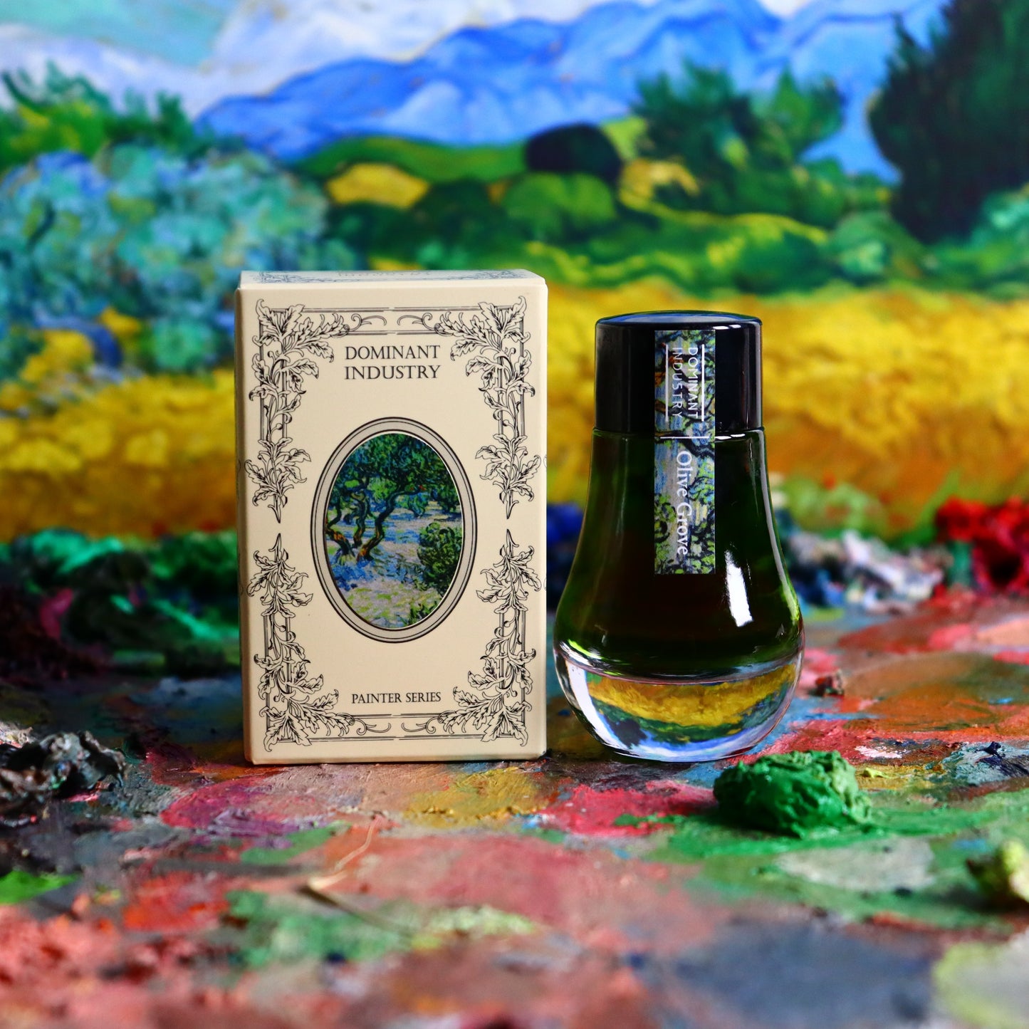 Bottle and box of 'Dominant Industry' on a colorful abstract background
