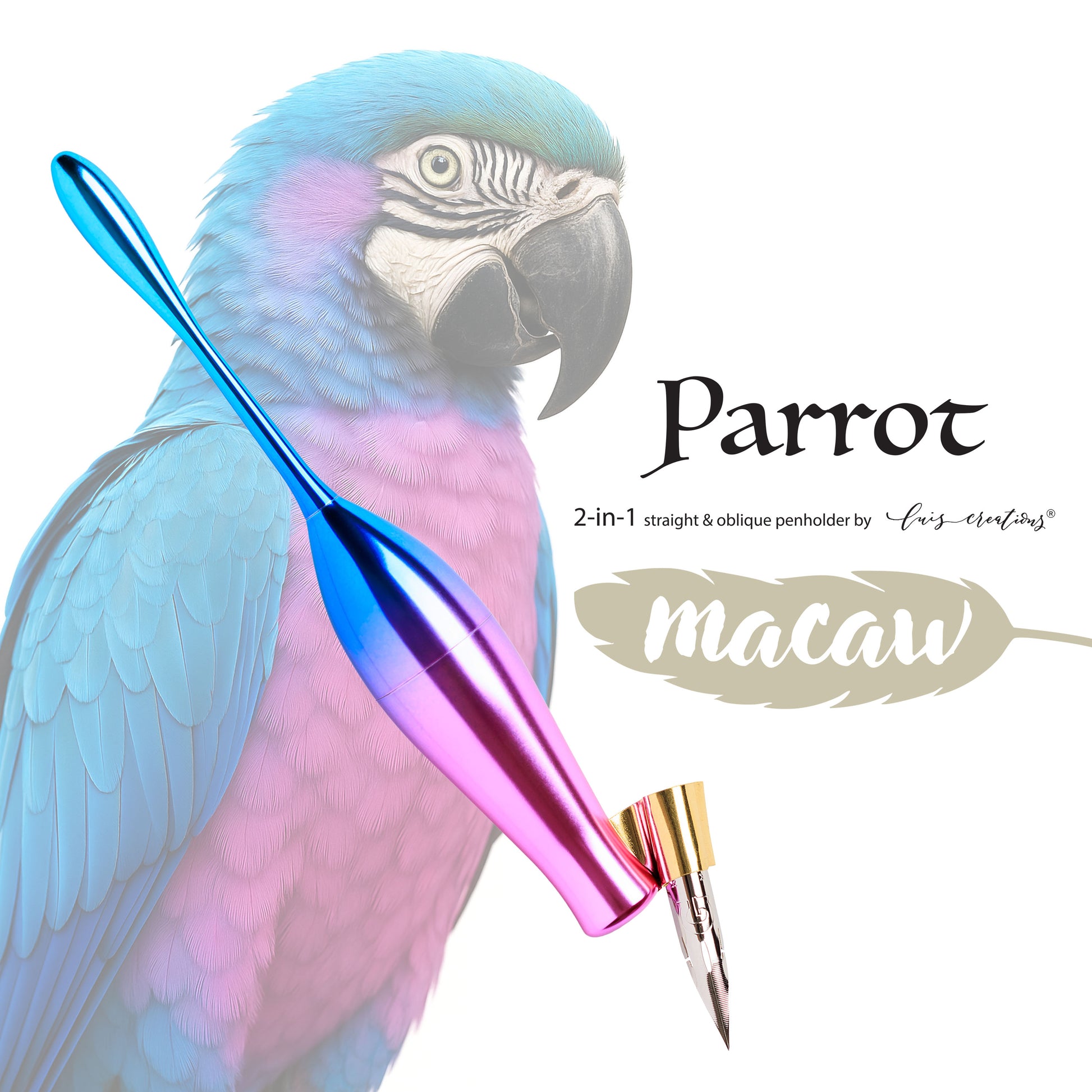 Pen holder designed like a parrot with 'Parrot Macaw' branding on a white background