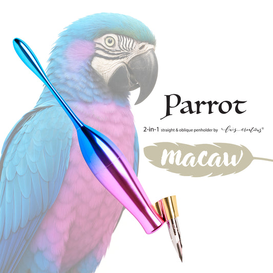 Pen holder designed like a parrot with 'Parrot Macaw' branding on a white background