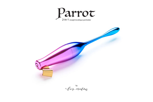 Colorful 2-in-1 straight and oblique nib holder with 'Parrot' branding on a white background.