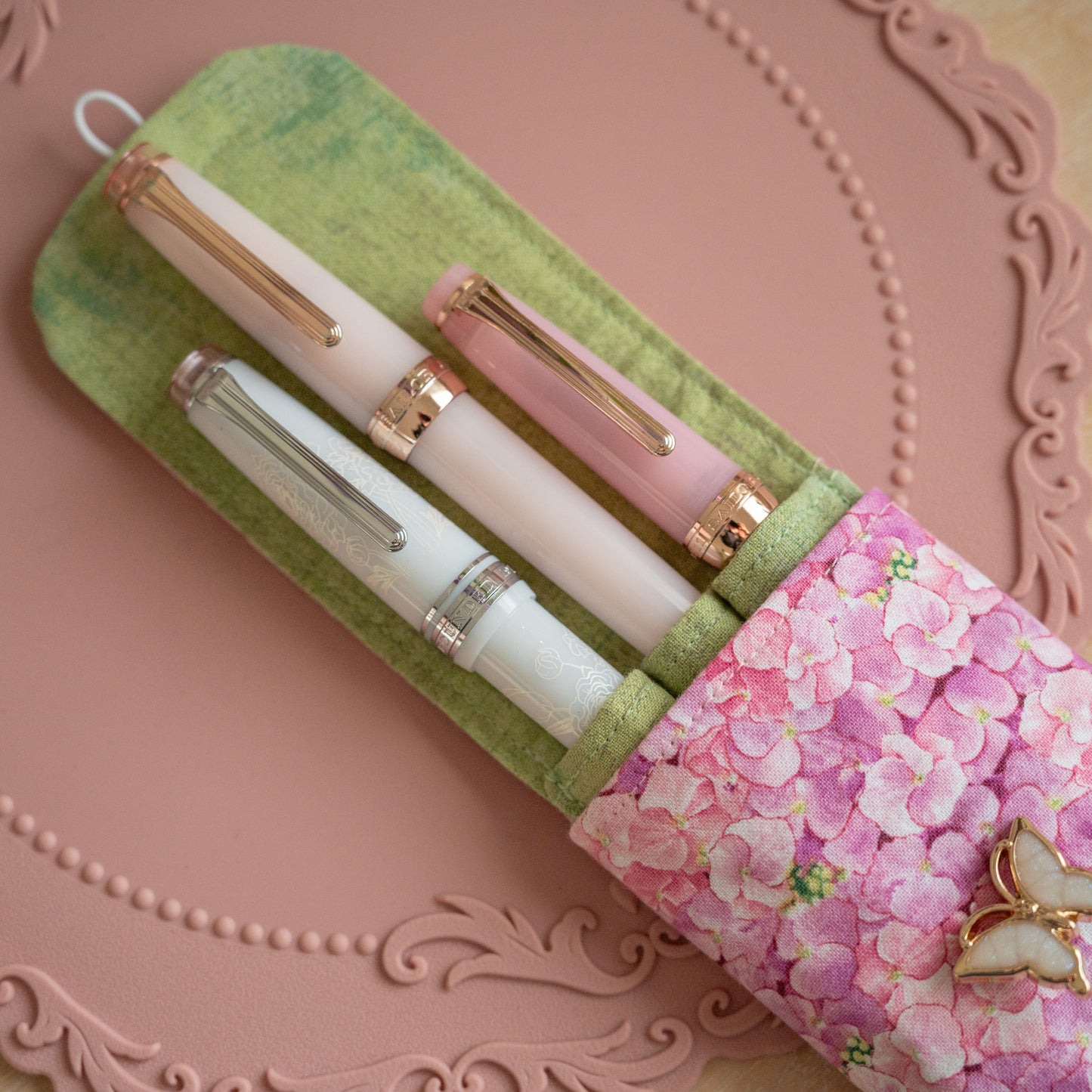 Handmade Endless Pink Hydrangeas 3 Slot Pen Case
