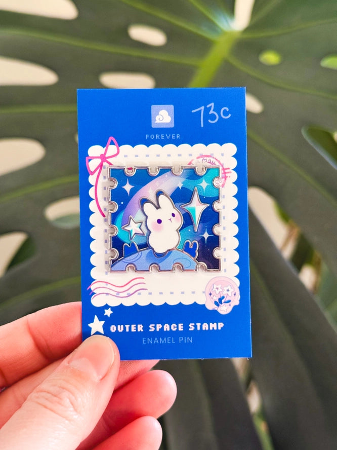 Rabbit in Outerspace Stamp Enamel Pin