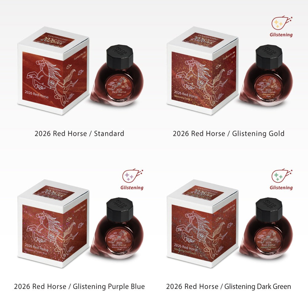 Collection of 2026 Red Horse ink bottles and boxes with glistening effects on a white background.