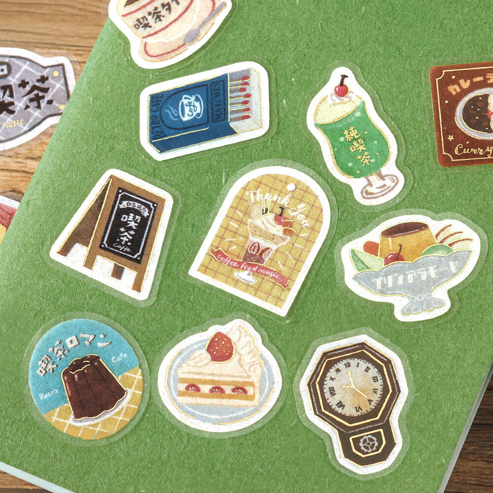Retro Stroll Gold Foil Stamped Stickers - Classic Coffee Shop