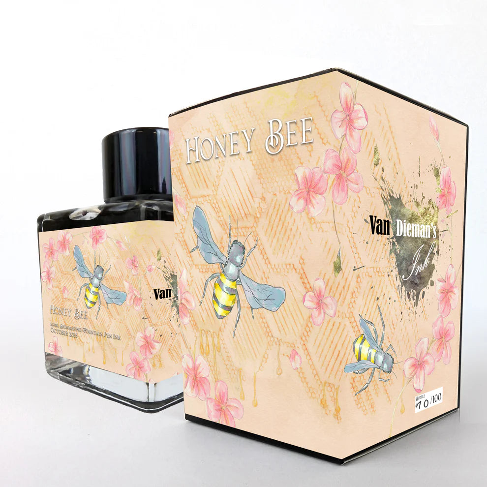 Van Dieman Honey Bee ink bottle and packaging on a white background