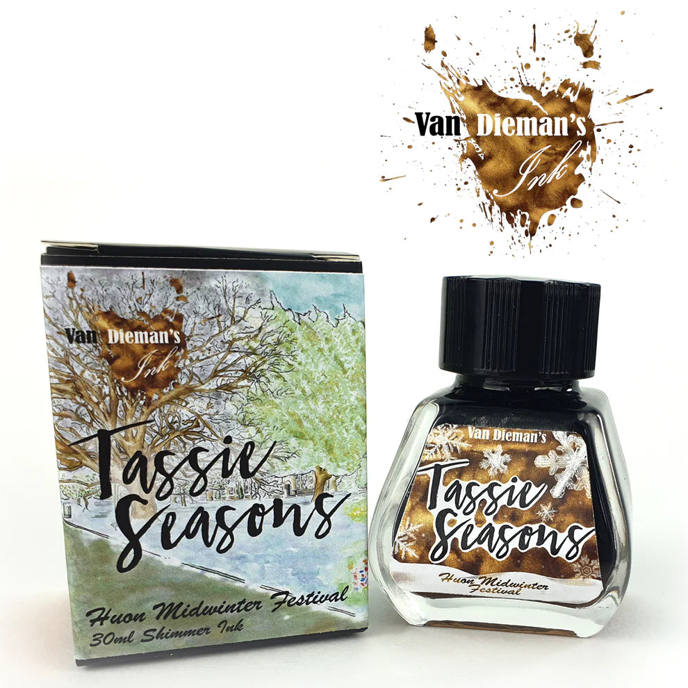 Van Dieman's Tassie Seasons Huon Midwinter Festival ink bottle and packaging with ink swatch on a white background