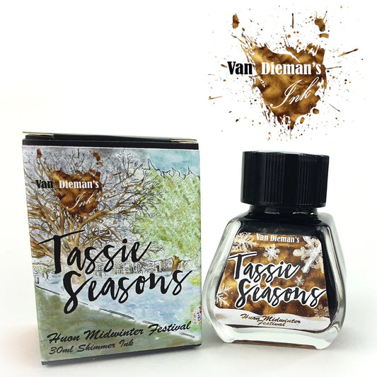 Van Dieman's Tassie Seasons Huon Midwinter Festival ink bottle and packaging with ink swatch on a white background
