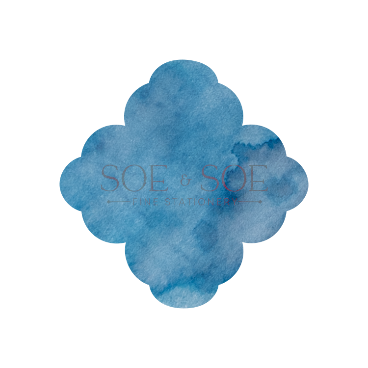 Blue ink swatch flower shape with 'SOE & SOE' branding on a white background