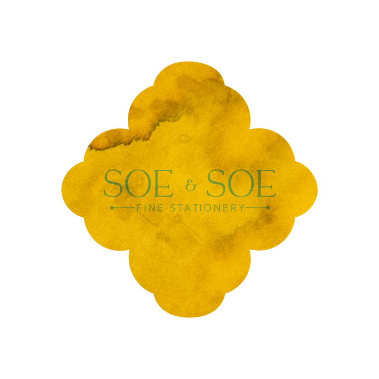 Yellow ink swatch logo with 'SOE & SOE Fine Stationery' text on a white background