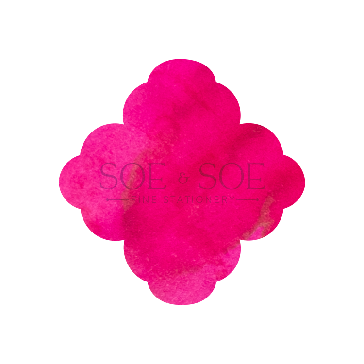 Pink flower-shaped ink swatch with 'SOE & SOE' branding on a white background