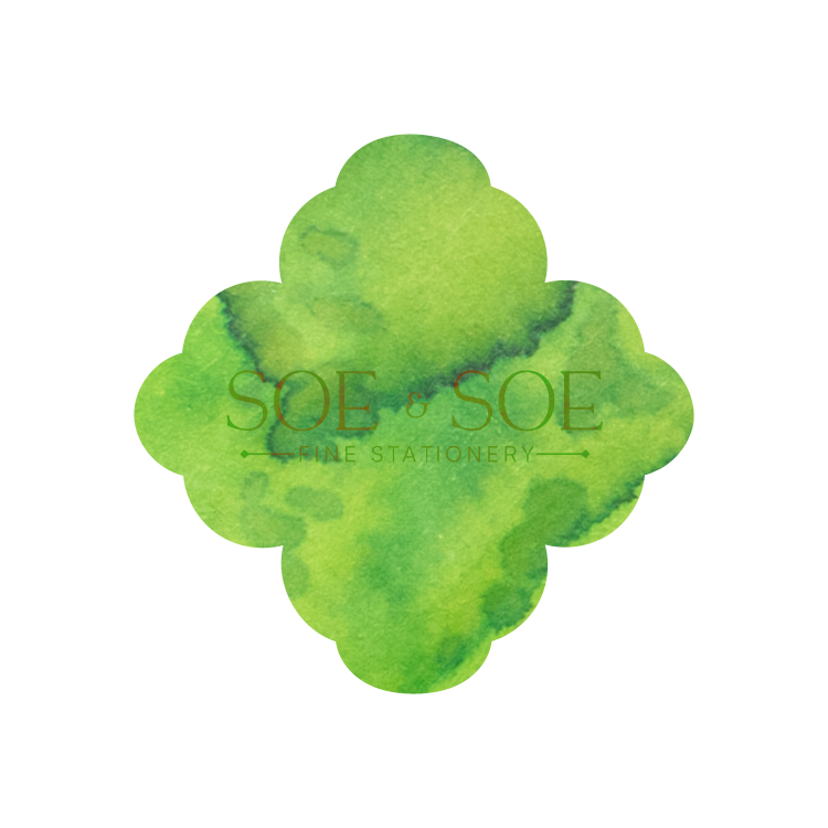 Green ink swatch flower shape with 'Soe & Soe' branding on a white background
